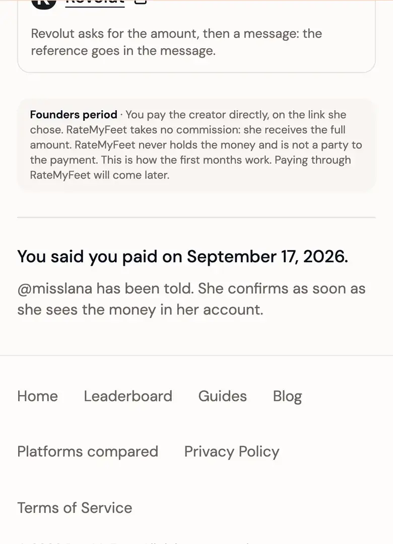 The instructions page after declaring: the date you said you paid, and the note that the creator has been told.
