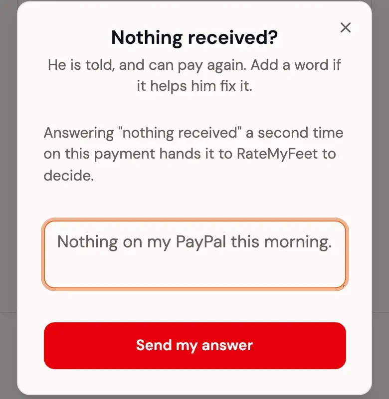 The Nothing received dialog on the creator's side: a short note for the subscriber, and the warning that a second answer hands the case to RateMyFeet.