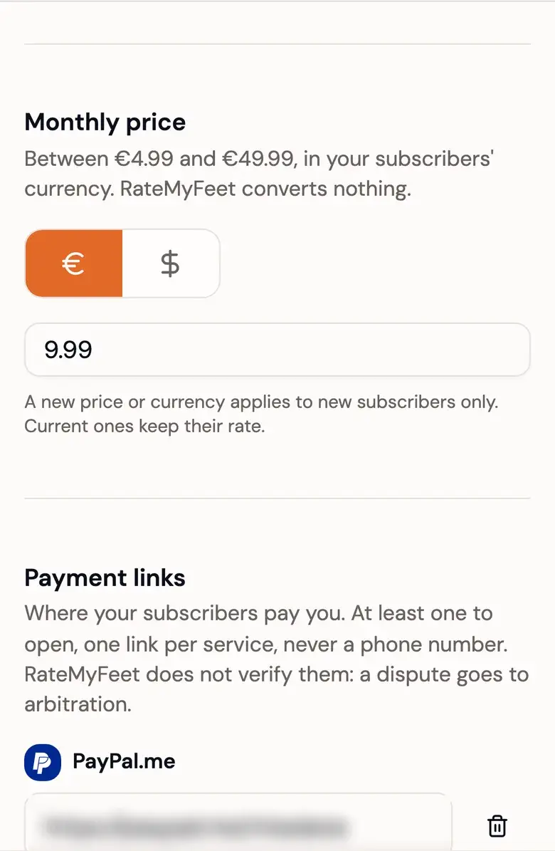 The price and payment links settings of the Studio Pro, with a PayPal.me link filled in.