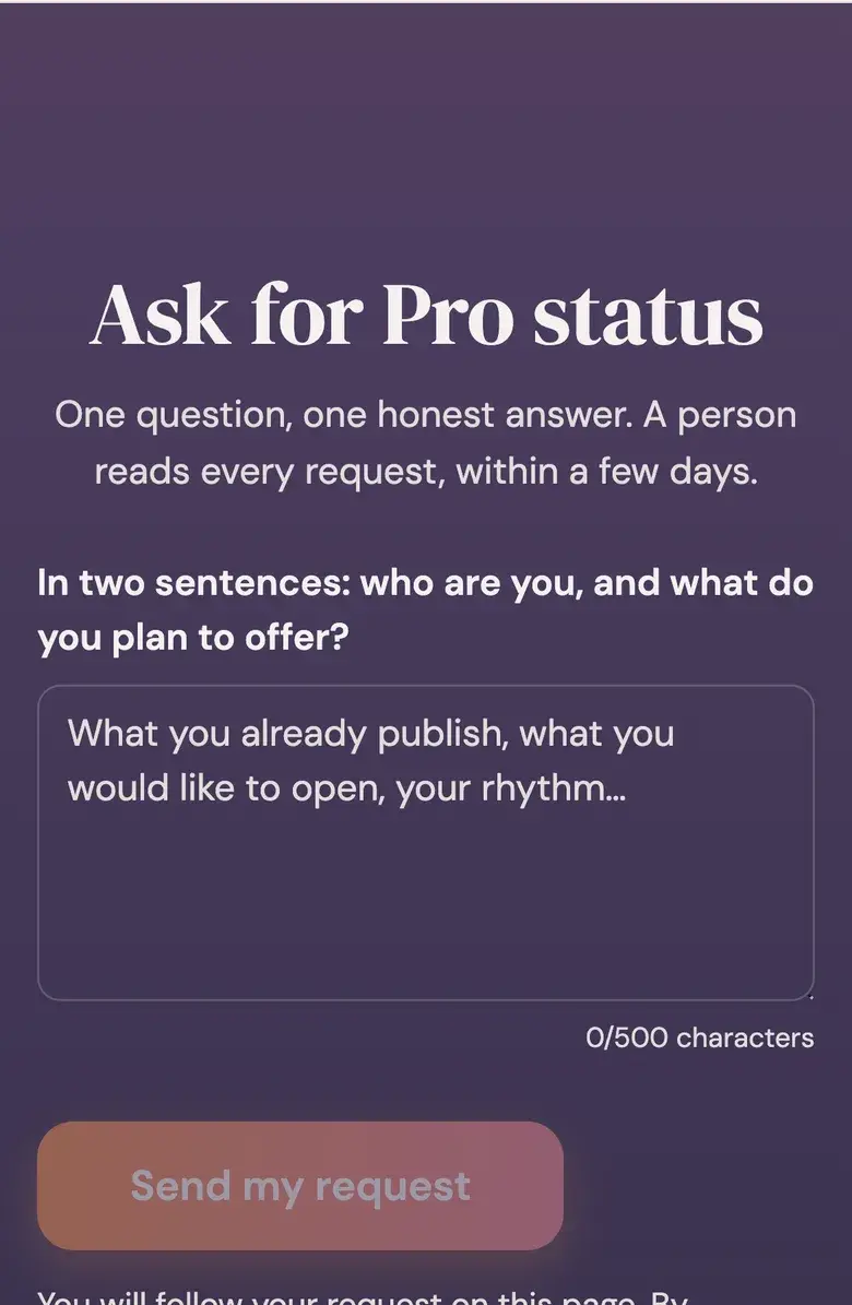 The Pro request form on the Pro page: one text box asking who you are and what you plan to offer.